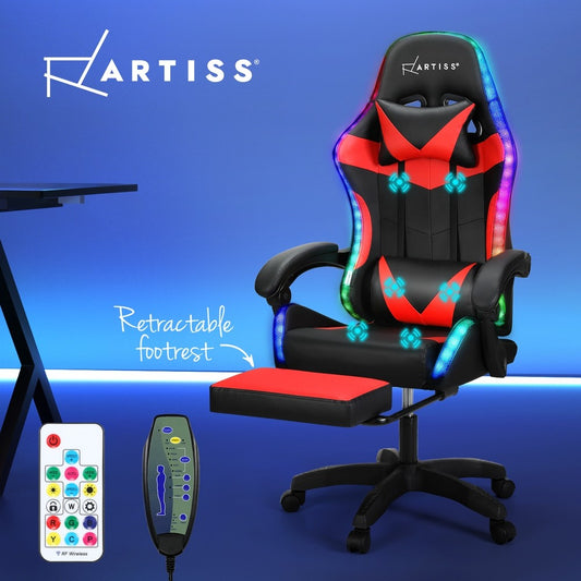 Artiss Massage Gaming Chair 6 Point 7 LED Office Chairs Leather Footrest Red