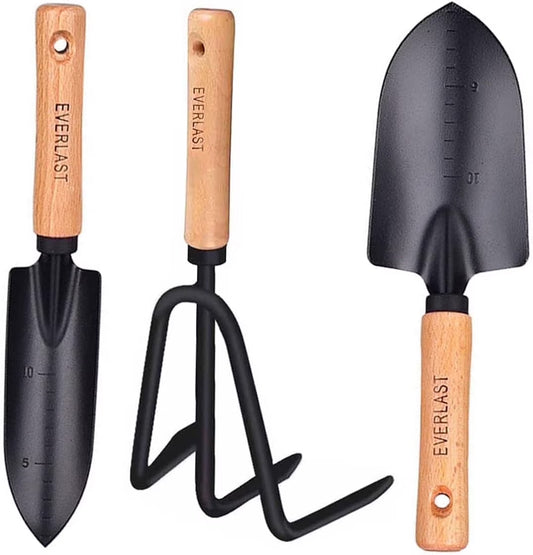Conventional Garden Tools Minimalism Gardening Tool Set with Wood Handle, Succulent Plant Transplant Trowel, 3 Pieces Include 1 Narrow Trowel,1 Wide Trowel and 1 Garden Rake