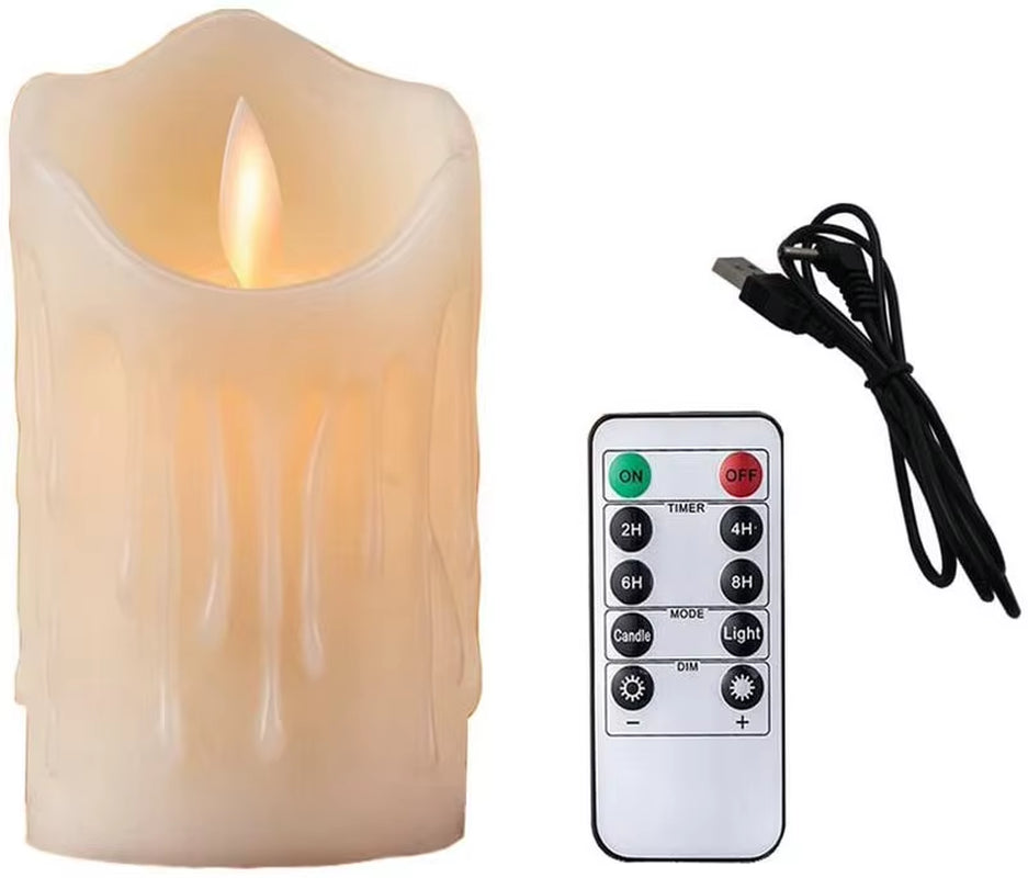 USB Rechargeable Flameless Electric Candle Lamp Dripped Paraffin Wax Dancing Moving Wick Home Party Bar Pillar Candles W/Remote
