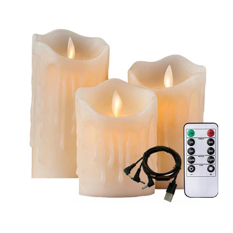 USB Rechargeable Flameless Electric Candle Lamp Dripped Paraffin Wax Dancing Moving Wick Home Party Bar Pillar Candles W/Remote