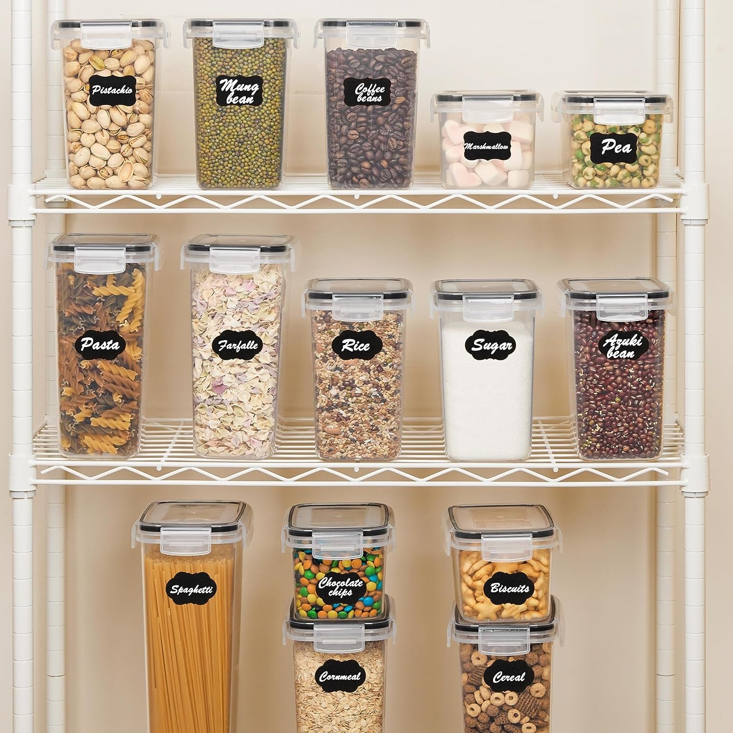 Airtight Food Storage Containers Set with Lids, 15Pcs BPA Free Plastic Dry Food Canisters for Kitchen Pantry Organization and Storage, Dishwasher Safe,Include 24 Labels