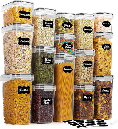 Airtight Food Storage Containers Set with Lids, 15Pcs BPA Free Plastic Dry Food Canisters for Kitchen Pantry Organization and Storage, Dishwasher Safe,Include 24 Labels